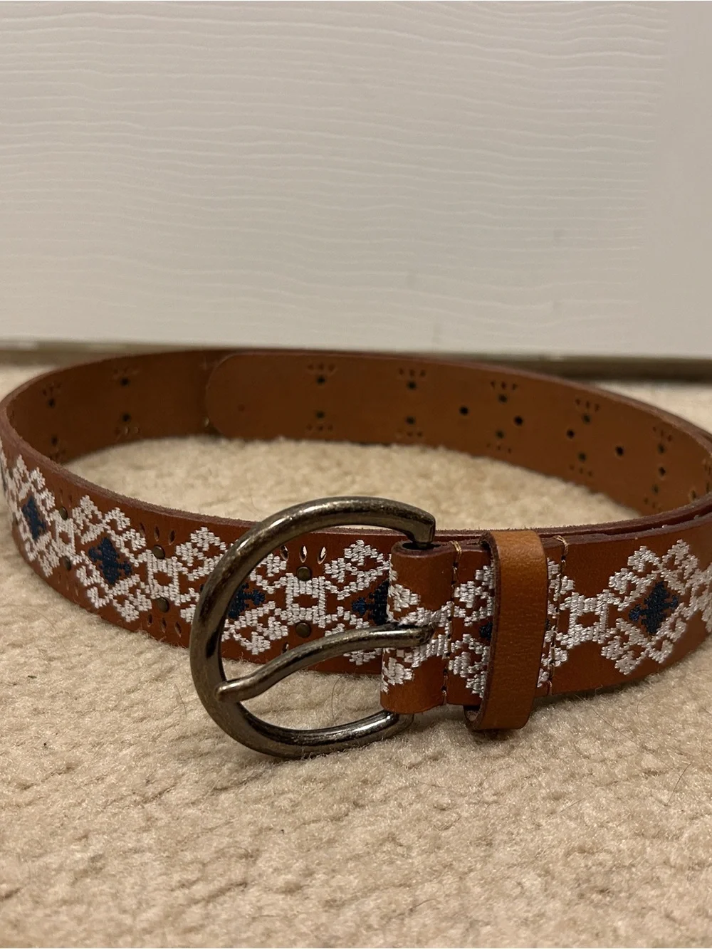 Lucky Brand Brown Leather Belt with White & Navy Embroidery